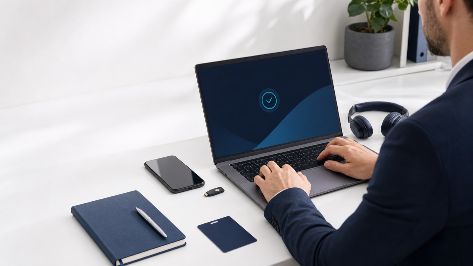 Arbeitsplatz mit Laptop, der einen abgeschlossenen Einrichtungs-Vorgang mit Häkchen zeigt