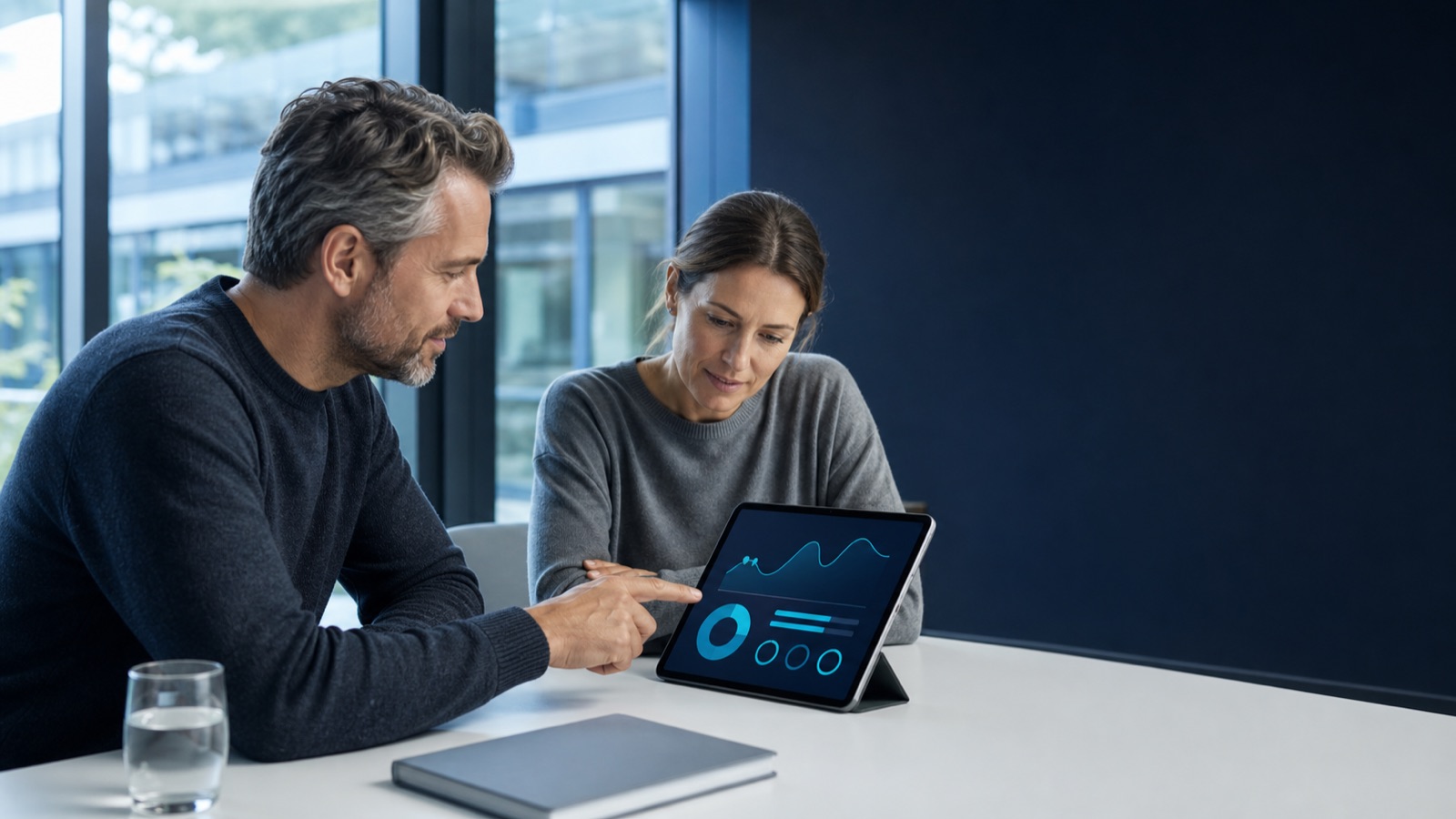 Zwei Personen betrachten einen Monatsbericht mit Diagrammen auf einem Tablet