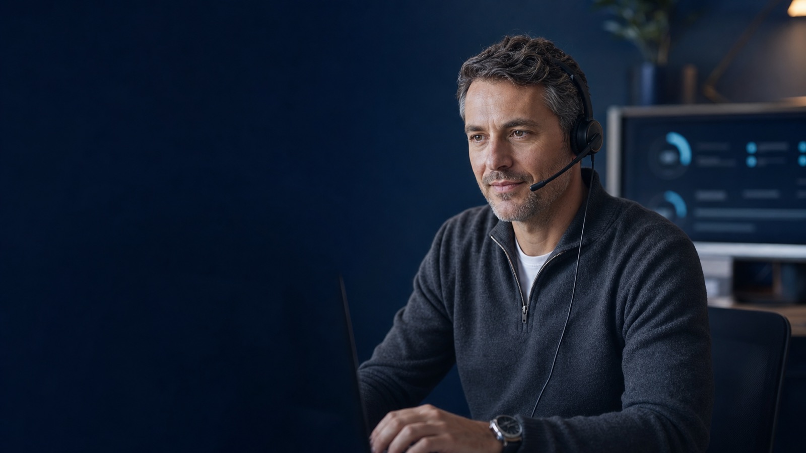 wolkia Support-Mitarbeiter mit Headset vor einem Monitor mit Dashboards