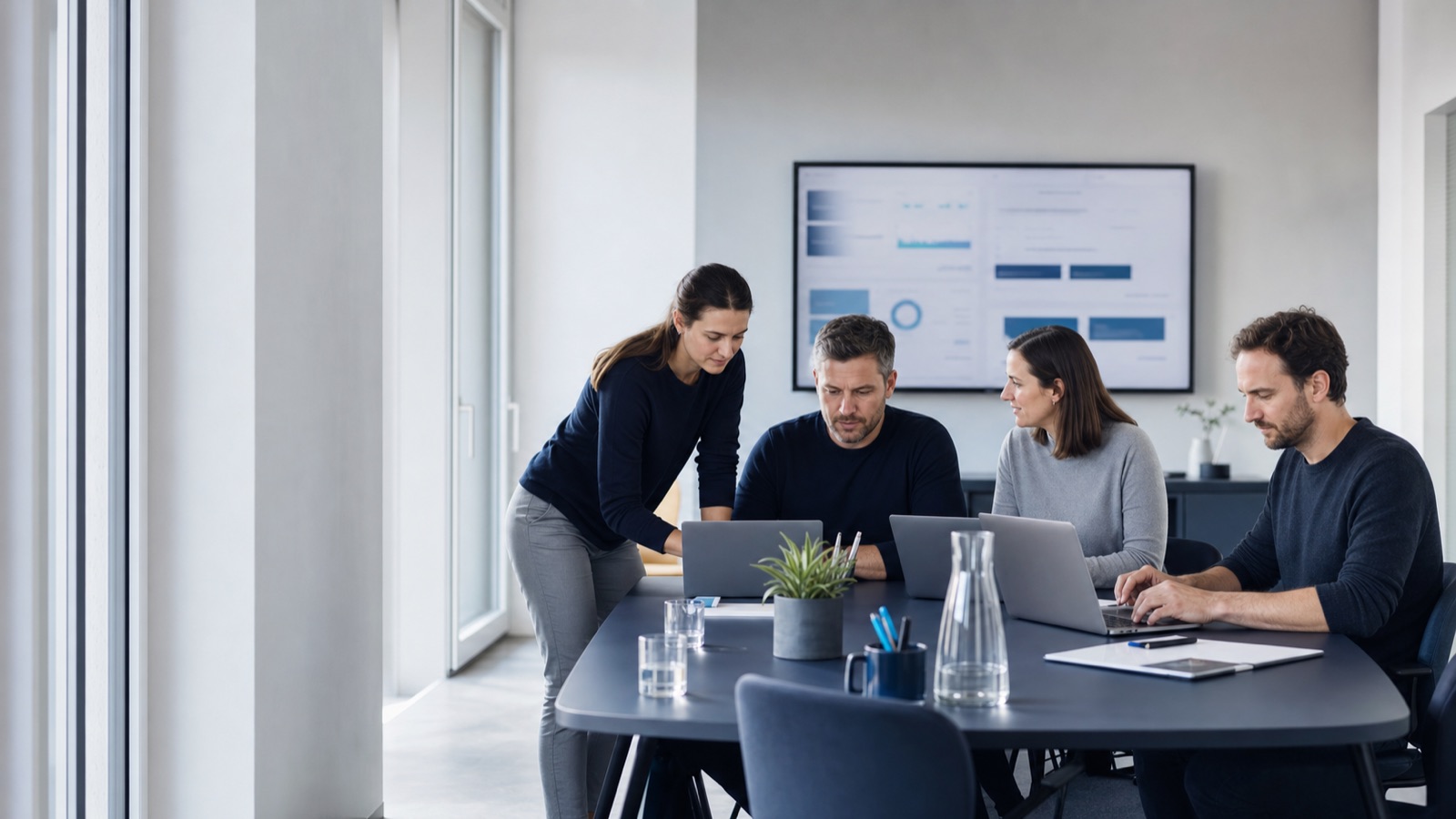 Team in einem modernen Büro arbeitet gemeinsam an Laptops